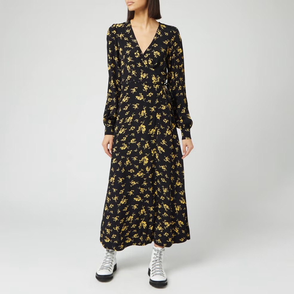 Ganni Black Dress with Yellow Floral Design